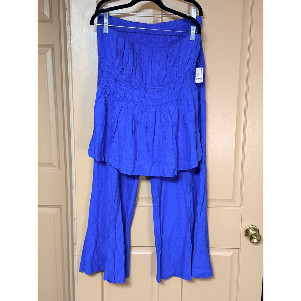 Free People Blue Starling Smocked Strapless Top & Wide Leg Pants Set XL NWT